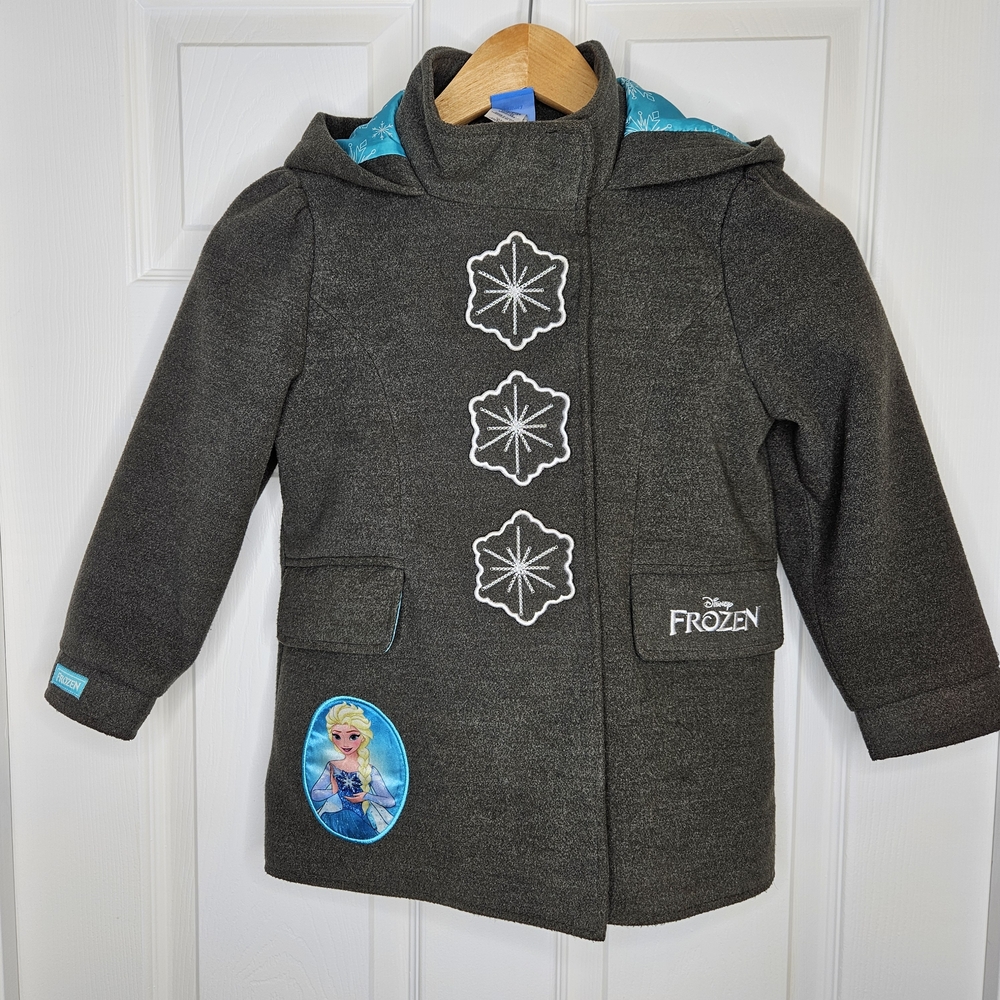 Disney Frozen Girls Elsa Pea Coat Size 5 Grey Teal White Snowflake Hooded